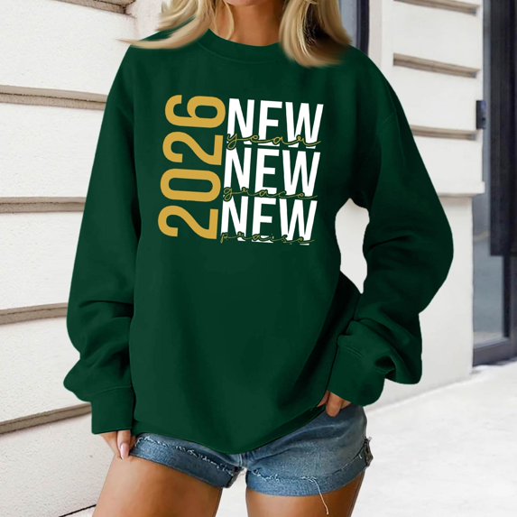 Women's Fashion Top New Year 2026 Printed Pullover Sweatshirt Holiday Design for Women Casual Celebration Streetwear Top,Green,L