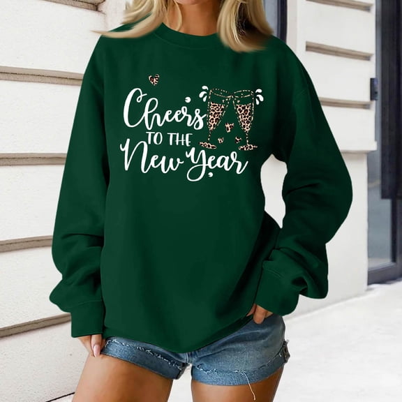 Women's Fashion Top New Year 2026 Printed Pullover Sweatshirt Holiday Design for Women Casual Celebration Streetwear Top,Green,M