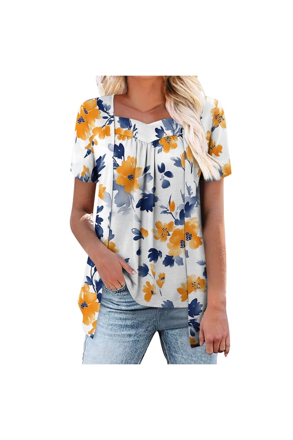 Women's Fashion Tops Fake Two Piece Short Sleeve Shirts Floral Printed Crew Neck Tee Pleated Flowy Clothes (S, Multicolor 4)