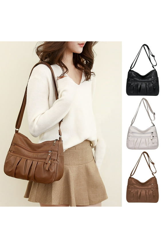 Women's Fashion Tote Shoulder Bag | Multi-Layer Pleated Design | Oil-Waxed PU Leather | Vintage Style | Large Capacity Organizer | Zip Closure | 27x20x12cm | White Brown