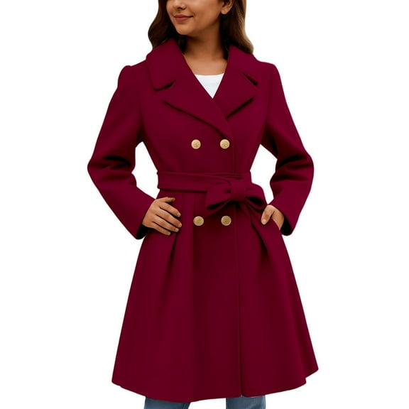 Women's Fashion Trench Coat Notch Lapel Double Breasted Thick A Line Pea Coats Wine S