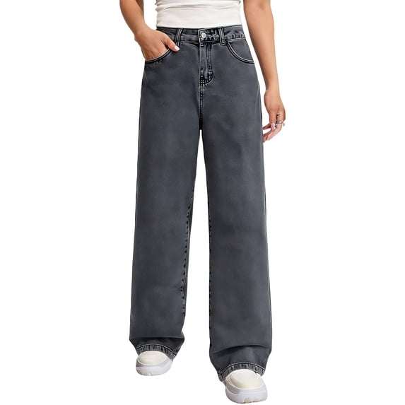 Idoravan womens jeans wide leg long Women's Fashion Trend Casual Pants Denim Solid Color Pocket Work Wearable Waistband Pants