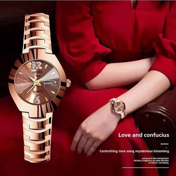 Women's Fashion Trend Waterproof Luminous Simple Steel Band Dual Calendar Quartz Watch
