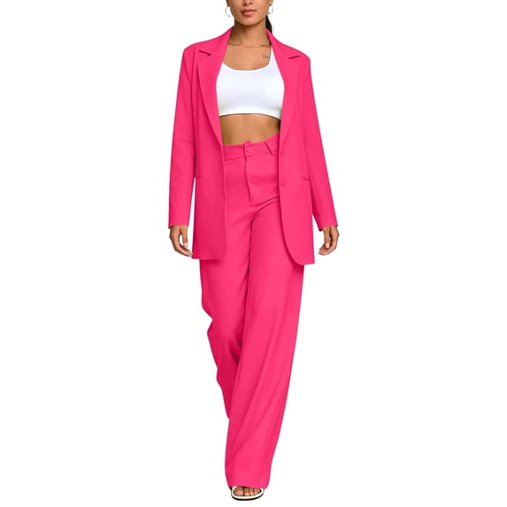Women's Fashion Two Piece Suit Set, Lapel Long Sleeve Blazer and High Waist Casual Long Pants Outfit, Loose Solid Matching Tracksuit for office Daily Wear Hot Pink