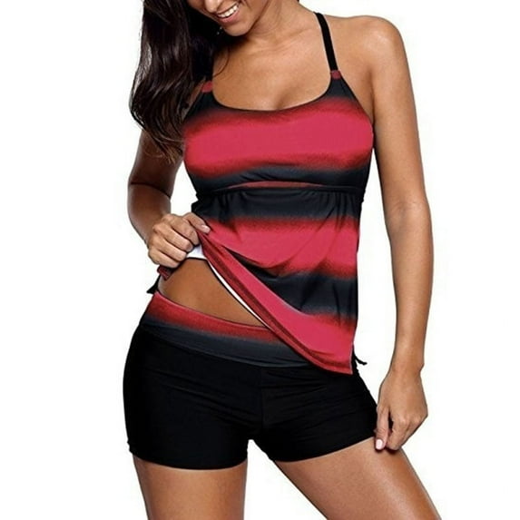Women's Fashion Two Pieces Bathing Suit Criss Cross Back Color Block Print Tankini Top with Boyshorts Swimsuit