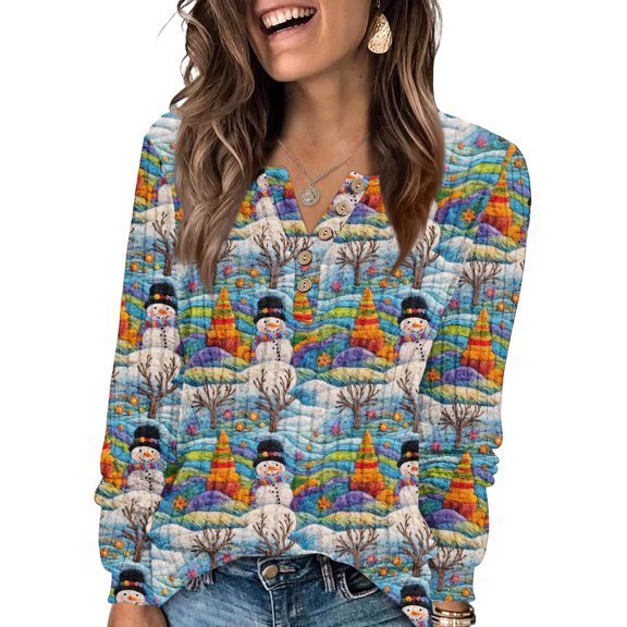 Women's Fashion V-Neck Button-Up T-Shirt With Festive Christmas Print Long-Sleeved Top, Holiday Themed Button Front Shirt for Christmas Parties,Light Blue,S