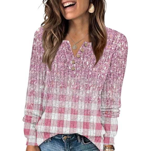 Women's Fashion V-Neck Button-Up T-Shirt With Trendy Patchwork Print Long-Sleeved Top, Artistic Design Fashion Blouse for Unique Street Style,Pink,S