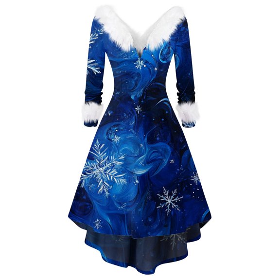 Women's Fashion V-Neck Casual Fit Christmas Print Party Long Sleeve Dress, Plush Trim, Holiday Print, Retro Style, Party Wear, Slim Fit, Festive,Blue,M
