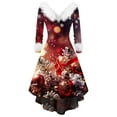 thumbnail image 1 of Women's Fashion V-Neck Casual Fit Christmas Print Party Long Sleeve Dress, Plush Trim, Holiday Print, Retro Style, Party Wear, Slim Fit, Festive,Deep Red,2XL, 1 of 3