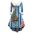 thumbnail image 1 of Women's Fashion V-Neck Casual Fit Christmas Print Party Long Sleeve Dress, Plush Trim, Holiday Print, Retro Style, Party Wear, Slim Fit, Festive,Light Blue,L, 1 of 3