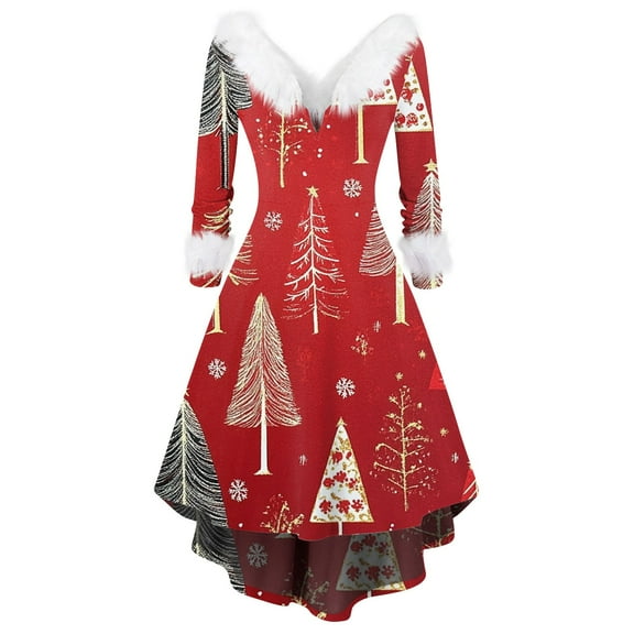 Women's Fashion V-Neck Casual Fit Christmas Print Party Long Sleeve Dress, Plush Trim, Holiday Print, Retro Style, Party Wear, Slim Fit, Festive,Multicolor,S