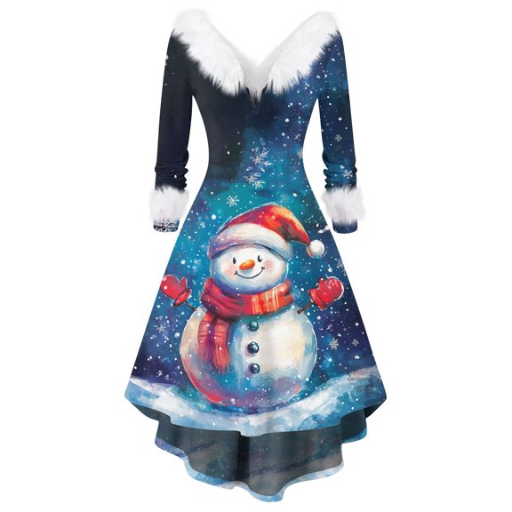 Women's Fashion V-Neck Casual Fit Christmas Print Party Long Sleeve Dress, Plush Trim, Holiday Print, Retro Style, Party Wear, Slim Fit, Festive,Multicolor,5XL