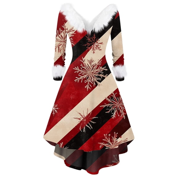 Women's Fashion V-Neck Casual Fit Christmas Print Party Long Sleeve Dress, Plush Trim, Holiday Print, Retro Style, Party Wear, Slim Fit, Festive,Red,M