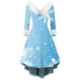 thumbnail image 1 of Women's Fashion V-Neck Casual Fit Christmas Print Party Long Sleeve Dress, Plush Trim, Holiday Print, Retro Style, Party Wear, Slim Fit, Festive,Sky Blue,5XL, 1 of 3