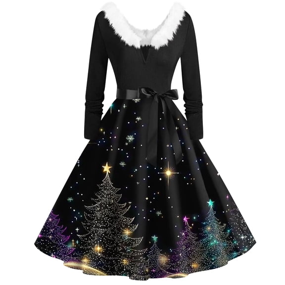 Women's Fashion V-Neck Casual Slim Christmas Printed Long Sleeve Hair Collar Dresses for Elegant Holiday Events and Parties,Black,S
