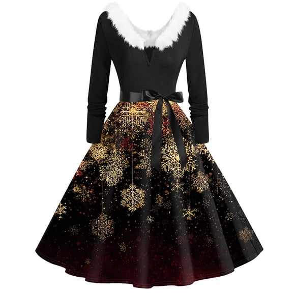 Women's Fashion V-Neck Casual Slim Christmas Printed Long Sleeve Hair Collar Dresses for Elegant Holiday Events and Parties,Deep Red,M