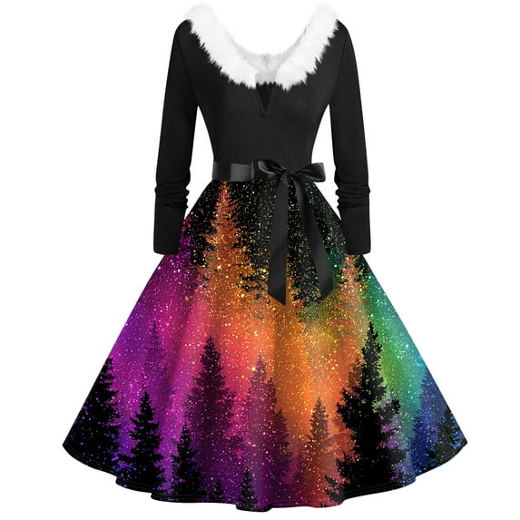 Women's Fashion V-Neck Casual Slim Christmas Printed Long Sleeve Hair Collar Dresses for Elegant Holiday Events and Parties,Multicolor,5XL