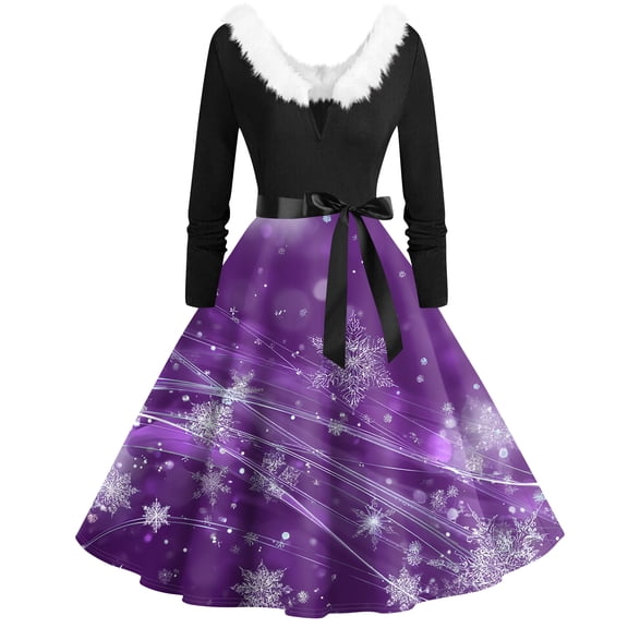 Women's Fashion V-Neck Casual Slim Christmas Printed Long Sleeve Hair Collar Dresses for Elegant Holiday Events and Parties,Purple,S