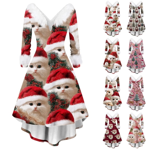 Women's Fashion V-Neck Casual Slim Fit Christmas Print Furry Party Long Sleeve Dress, Ugly Christmas Sweater Women Style for Festive Fall and Winter Events,Deep Red,2XL