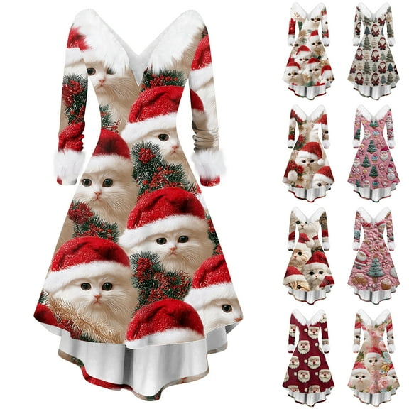 Women's Fashion V-Neck Casual Slim Fit Christmas Print Furry Party Long Sleeve Dress, Ugly Christmas Sweater Women Style for Festive Fall and Winter Events,Purple Pink,M