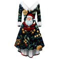 thumbnail image 1 of Women's Fashion V-Neck Casual Slim Printed Party Long Sleeve Dress, AI Christmas Print, Plush Trim, Holiday Dress, Retro Style, Festive,Dark Green,4XL, 1 of 4