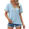 thumbnail image 1 of Women's Fashion V Neck Casual Summer T-Shirt Gold Lace Stitching Loose Fit Comfortable Short Sleeve Top Breathable Soft Stylish, 1 of 2