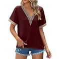 thumbnail image 1 of Women's Fashion V Neck Casual Summer T-Shirt Gold Lace Stitching Loose Fit Comfortable Short Sleeve Top Breathable Soft Stylish, 1 of 2