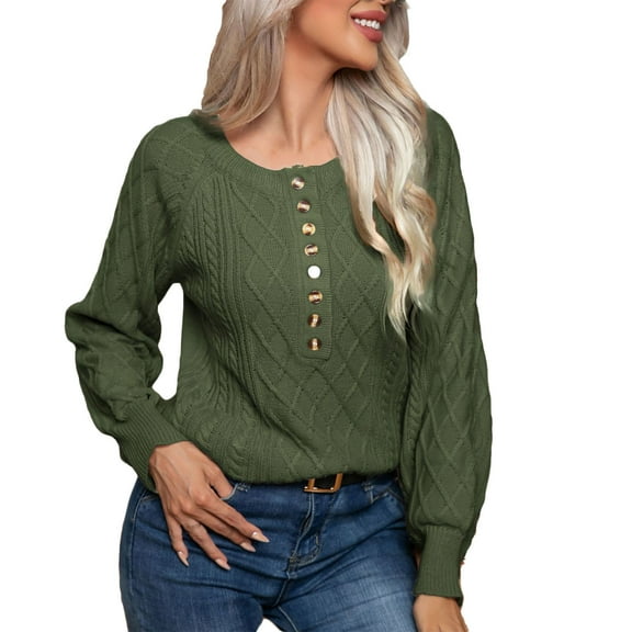 Women's Fashion V-Neck Half Button Long Sleeve Sweater Knitted Pullover Jumper Tunic Fall Trendy Solid Knitwear Army Green,M