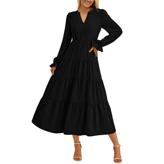 Women's Fashion V-Neck Layered Ruffle Button Embellished Long Sleeve Casual Dresses, Feminine and Detailed for Everyday Wear, Perfect for Casual Events,Black,Size M