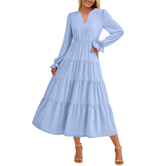 Women's Fashion V-Neck Layered Ruffle Button Embellished Long Sleeve Casual Dresses, Feminine and Detailed for Everyday Wear, Perfect for Casual Events,Light Blue,Size M