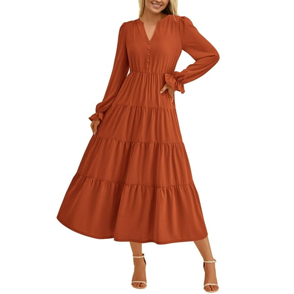 Women's Fashion V-Neck Layered Ruffle Button Embellished Long Sleeve Casual Dresses, Feminine and Detailed for Everyday Wear, Perfect for Casual Events,Light Brown,Size M