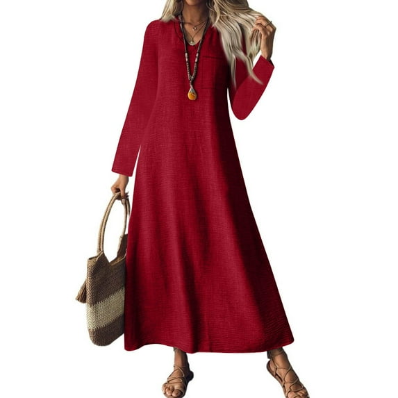 Women's Fashion V-Neck Long Sleeve Pocket Solid Color Zipper Casual Loose Beach Vacation Long Cotton Linen Dresses