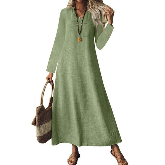 Women's Fashion V-Neck Long Sleeve Pocket Solid Color Zipper Casual Loose Beach Vacation Long Cotton Linen Dresses