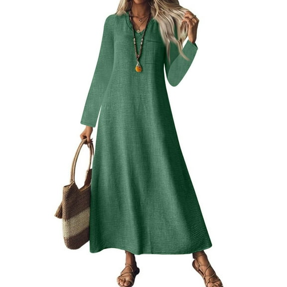 Women's Fashion V-Neck Long Sleeve Pocket Solid Color Zipper Casual Loose Beach Vacation Long Cotton Linen Dresses
