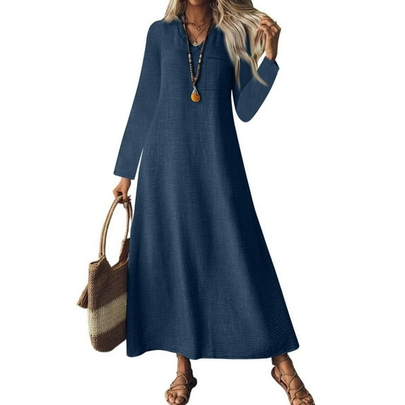 Women's Fashion V-Neck Long Sleeve Pocket Solid Color Zipper Casual Loose Beach Vacation Long Cotton Linen Dresses