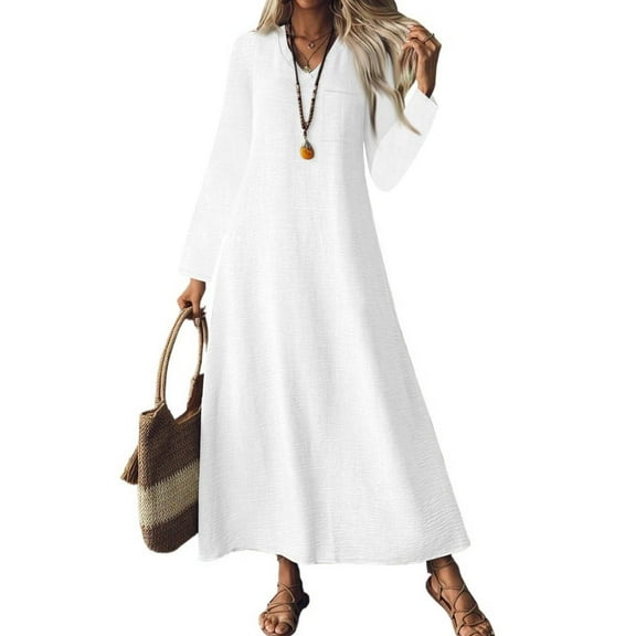 Women's Fashion V-Neck Long Sleeve Pocket Solid Color Zipper Casual Loose Beach Vacation Long Cotton Linen Dresses