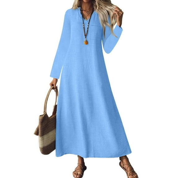 Women's Fashion V-Neck Long Sleeve Pocket Solid Color Zipper Casual Loose Beach Vacation Long Cotton Linen Dresses