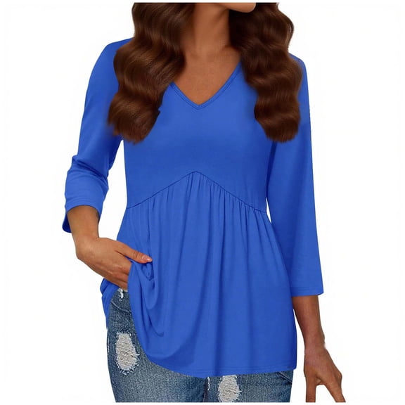 Women's Fashion V-Neck Pullover Slim-Fit 3/4 Sleeve Top 2025 Trendy Tunic Pleats Design Soft Stretch Fabric Fall Casual Outfits Elegant Figure-Flattering Blouse
