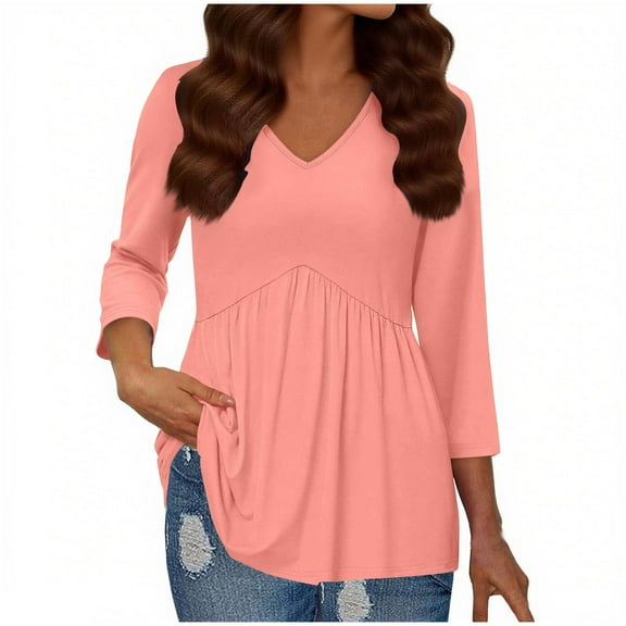 Women's Fashion V-Neck Pullover Slim-Fit 3/4 Sleeve Top 2025 Trendy Tunic Pleats Design Soft Stretch Fabric Fall Casual Outfits Elegant Figure-Flattering Blouse