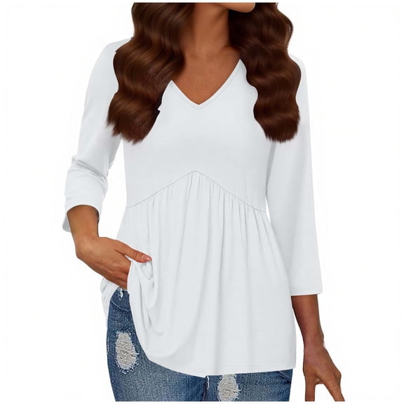 Women's Fashion V-Neck Pullover Slim-Fit 3/4 Sleeve Top 2025 Trendy Tunic Pleats Design Soft Stretch Fabric Fall Casual Outfits Elegant Figure-Flattering Blouse