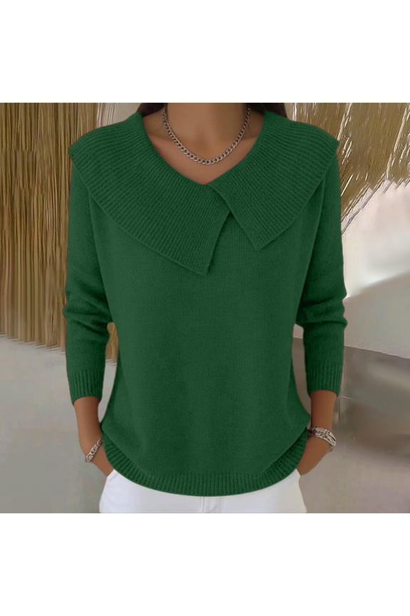 Women's Fashion V-Neck Pullover Sweater, Slim Fit Knit Top with Lapel Collar, Soft Casual Blouse, Elegant Loose Fit Tunic, Versatile Everyday Wear, Comfortable Lounge Sweater Green L