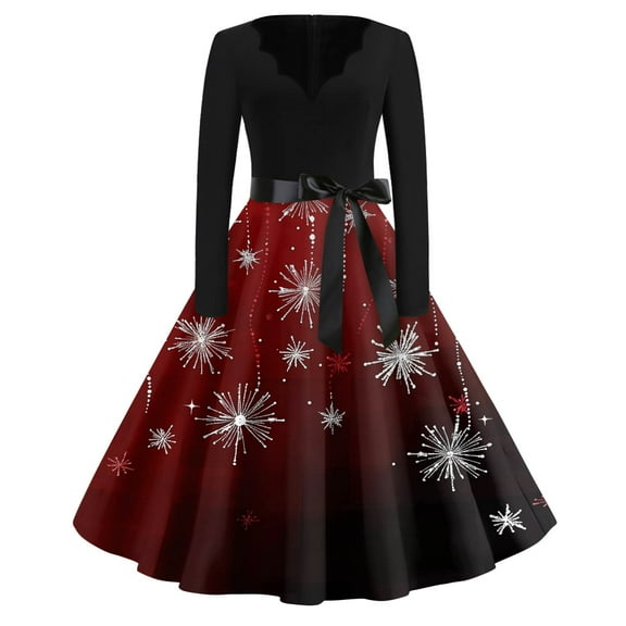 Women's Fashion V-Neck Relaxed-Fit Christmas Print Long-Sleeved Dress for Comfortable Holiday Fashion and Casual Outings,Deep Red,M