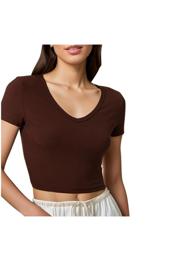 Women's Fashion V Neck Ribbed T-Shirt Slim Fit Rayon Short Sleeve Casual Comfortable Stretchable Soft Basic Top