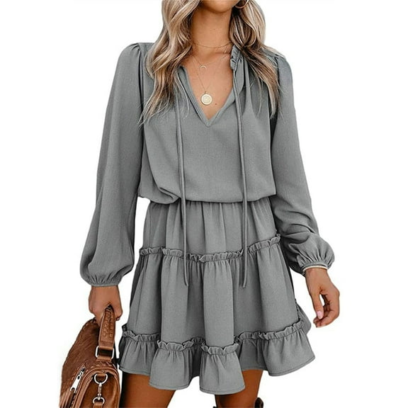 Women's Fashion V-Neck Ruffle Trim Long Sleeve Dress,Summer Women Ruffle Hem V Neck Casual Short Dresses