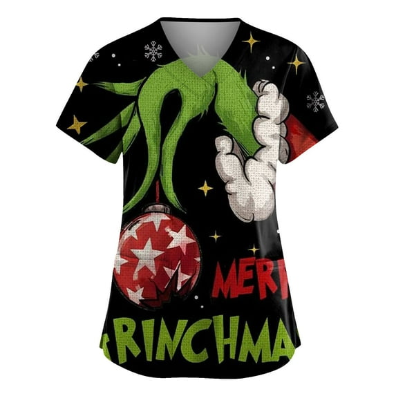 Women's Fashion V-Neck Short-Sleeve Nurse Scrub Top with Pockets, Print – Comfortable, Stretchy Material for Healthcare Workers, Functional & Stylish Uniform Option