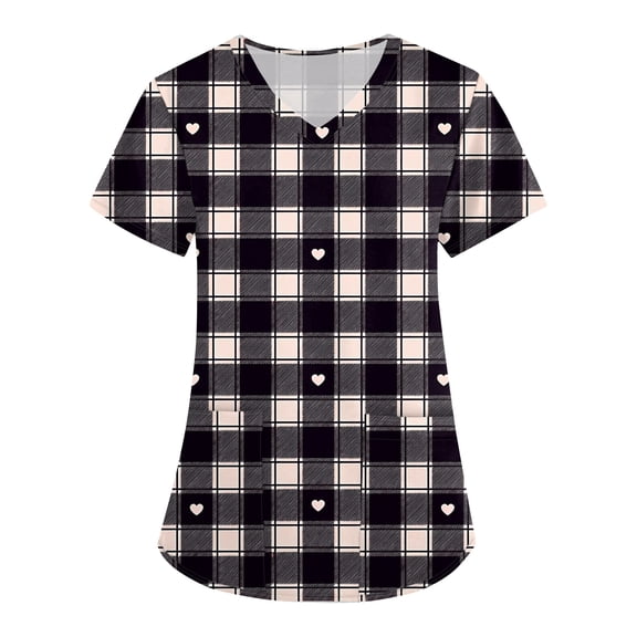 Women's Fashion V-Neck Short Sleeve Overalls with Pockets, Valentine's Day Printed Workwear Tops, Casual Comfortable Nursing Uniform for Women,Black,L
