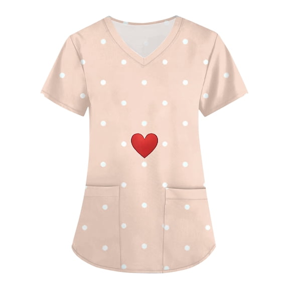 Women's Fashion V-Neck Short Sleeve Overalls with Pockets, Valentine's Day Printed Workwear Tops, Casual Comfortable Nursing Uniform for Women,Complexion,M