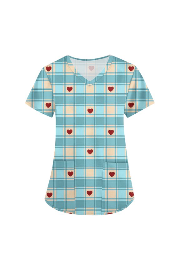 Women's Fashion V-Neck Short Sleeve Overalls with Pockets, Valentine's Day Printed Workwear Tops, Casual Comfortable Nursing Uniform for Women,Light Blue,L