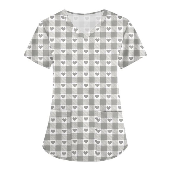 Women's Fashion V-Neck Short Sleeve Overalls with Pockets, Valentine's Day Printed Workwear Tops, Casual Comfortable Nursing Uniform for Women,Light Gray,L