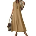 thumbnail image 1 of Women's Fashion V-Neck Short Sleeve Solid Color Zipper Casual Vacation Long Dress Cotton Linen Dresses Summer Elegant Flowy Beach Vacation Dresses, 1 of 2